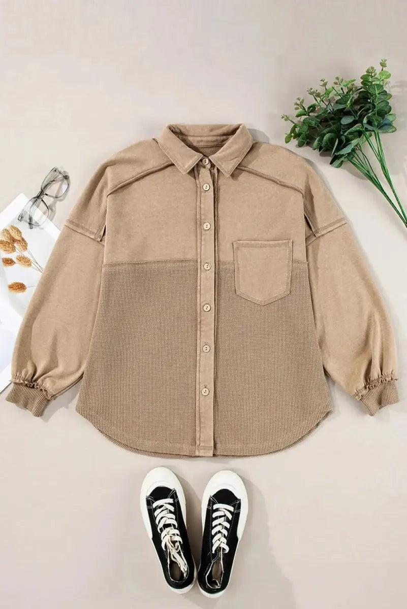 Waffle-Knit Collared Neck Long Sleeve Shacket - Love Salve